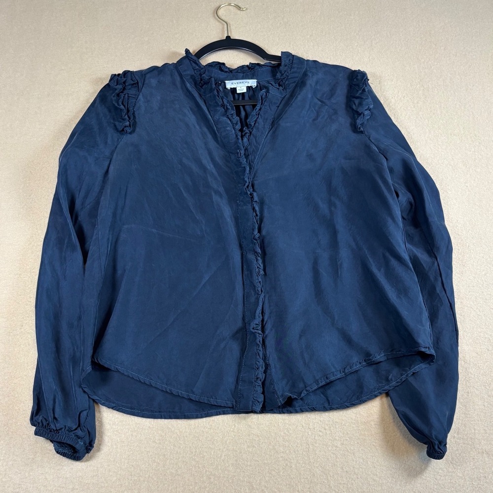 Evereve Navy Blue Ruffle V-Neck Blouse Long Sleeve Cupro Viscose Small